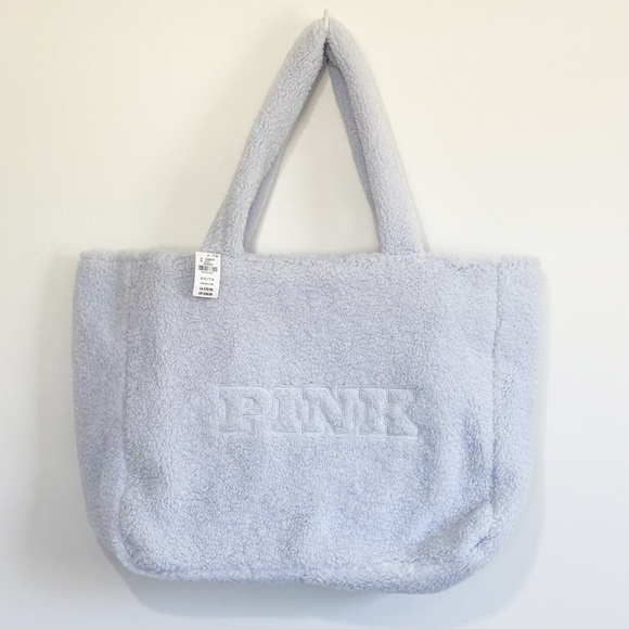 NWT PINK Victorias Secret Light Blue Fleece Tote Bag With Zipper - Picture 1 of 11